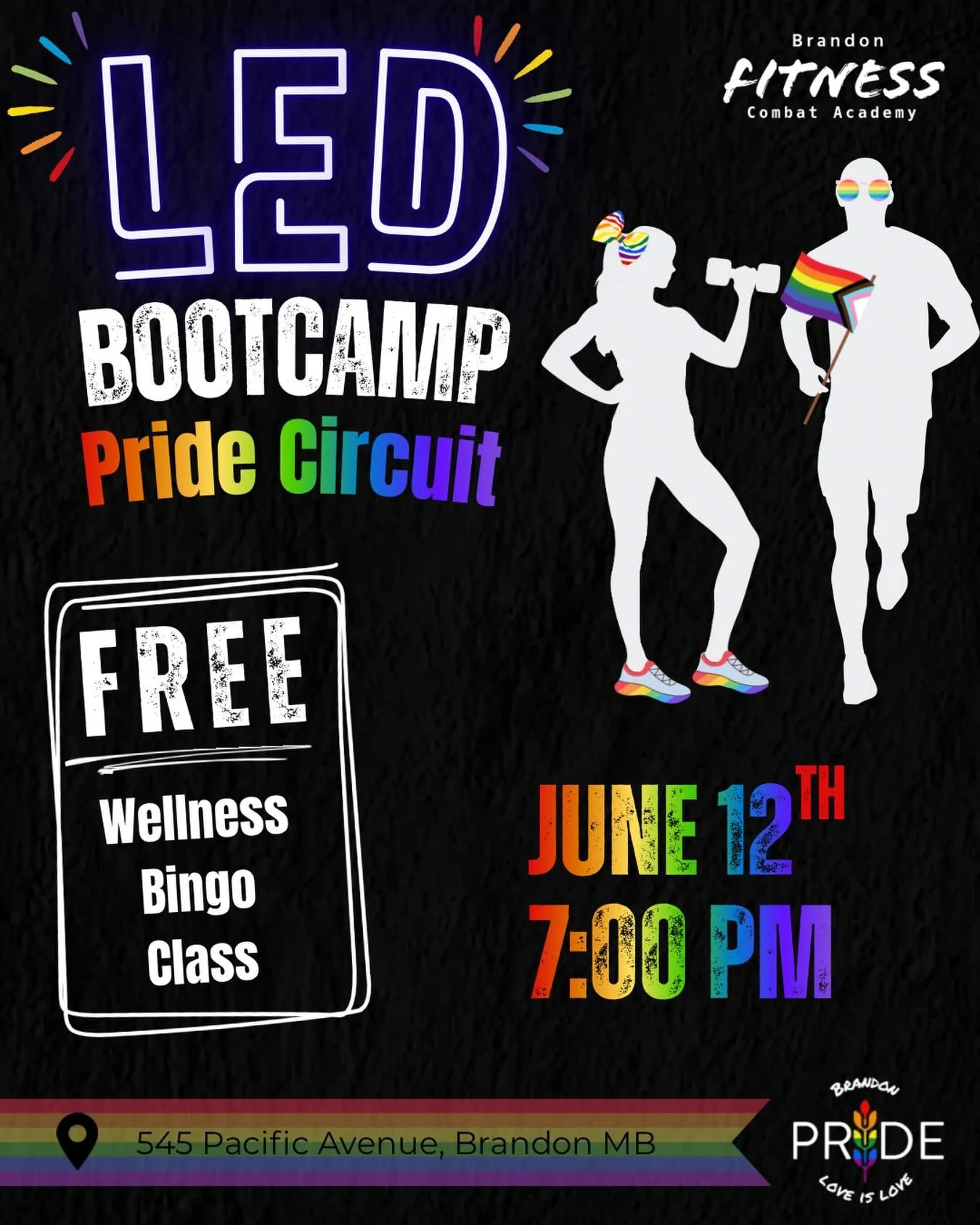 Happy Pride Month 🌈

On June 12th we are partnering with Brandon Pride to bring a fun, inclusive and free LED Bootcamp!! 

Sign up today by calling (204)727-7016 or on your gymmaster app

&hellip;&hellip;&hellip;&hellip;&hellip;&hellip;&hellip;&hell