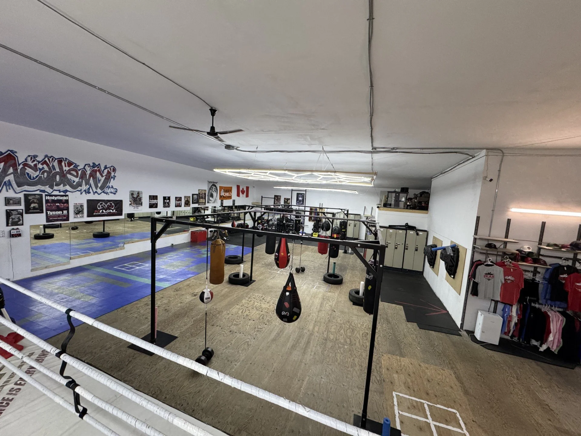 heavy bags, mirrors, lockers, combat training area