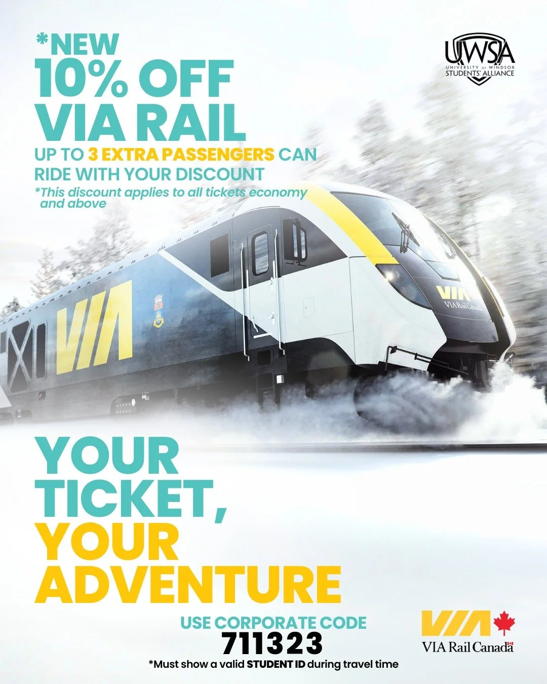 🚆🎉 UWSA x Via Rail GIVEAWAY 🎉🚆

We&rsquo;ve partnered with VIA Rail to offer 10% off all Economy fares and above to all UWindsor students.

To celebrate, we&rsquo;re giving away 2 x $100 VIA Rail gift cards 🎁

 Enter by: 
✔️ Liking this post 
✔️