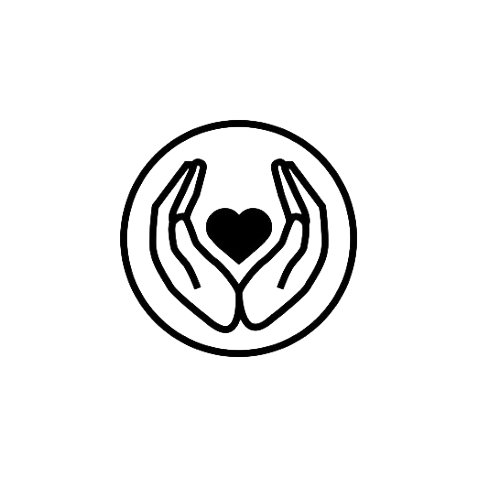 Illustration of two hands gently cradling a heart inside a circle. Symbolising handmade products