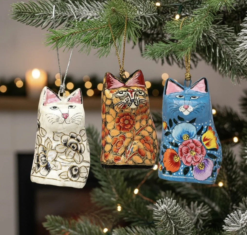 Blue Floral Hanging Cat Papier Mache Ornament