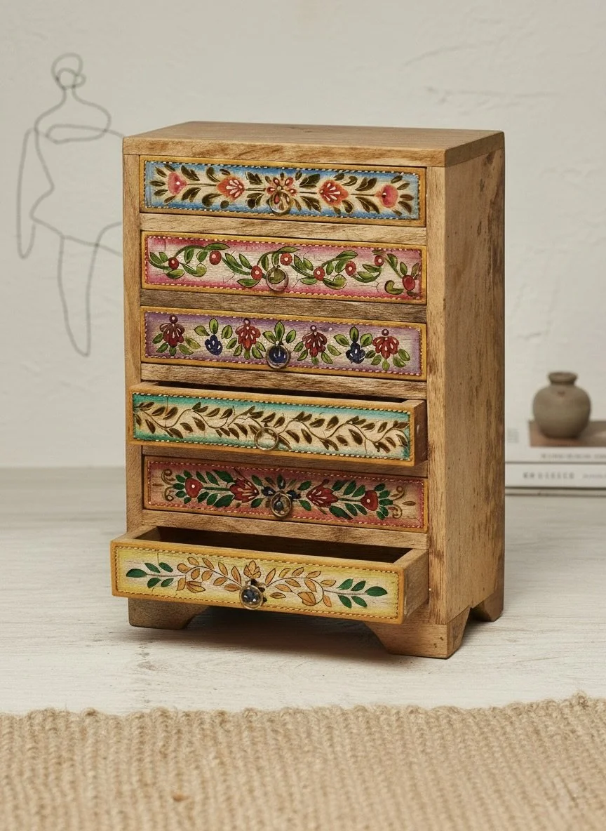 Floral Hand Painted Wooden Six-Drawer Mini Chest
