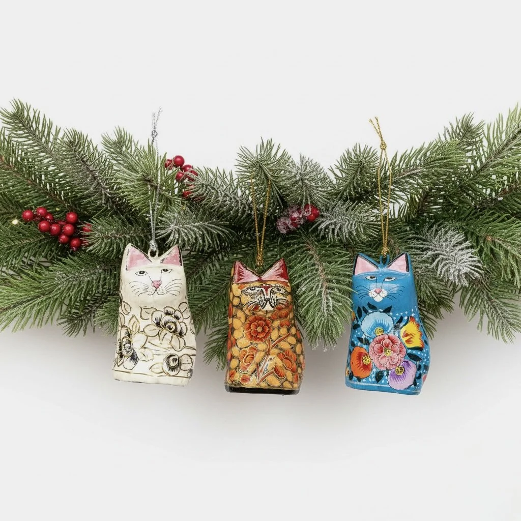 Grey Floral Hanging Cat Papier Mache Ornament