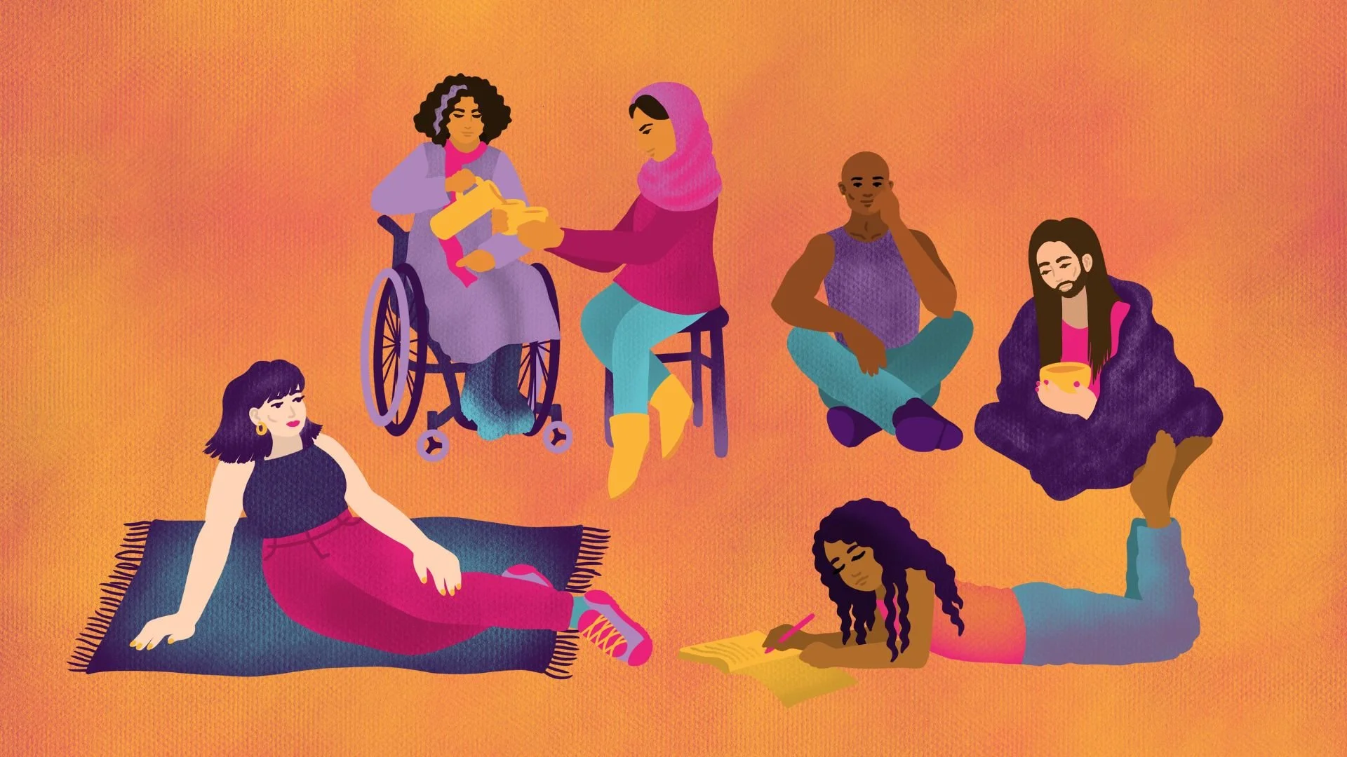 A gathering of individuals dressed in bright blues, pinks and purples on a textured orange background. A pair of figures rest on the floor, another pair pour hot drinks for each other, another pair sit crossed legged on the floor.