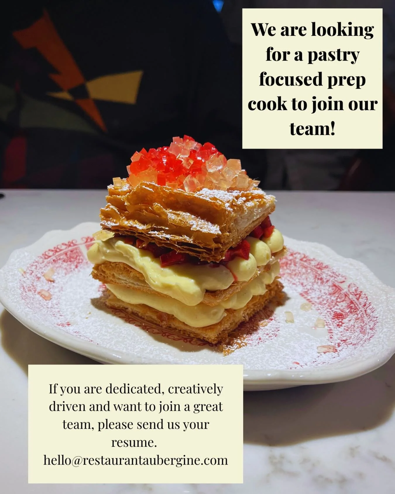 Send your resume to hello@restaurantaubergine.com ✉️