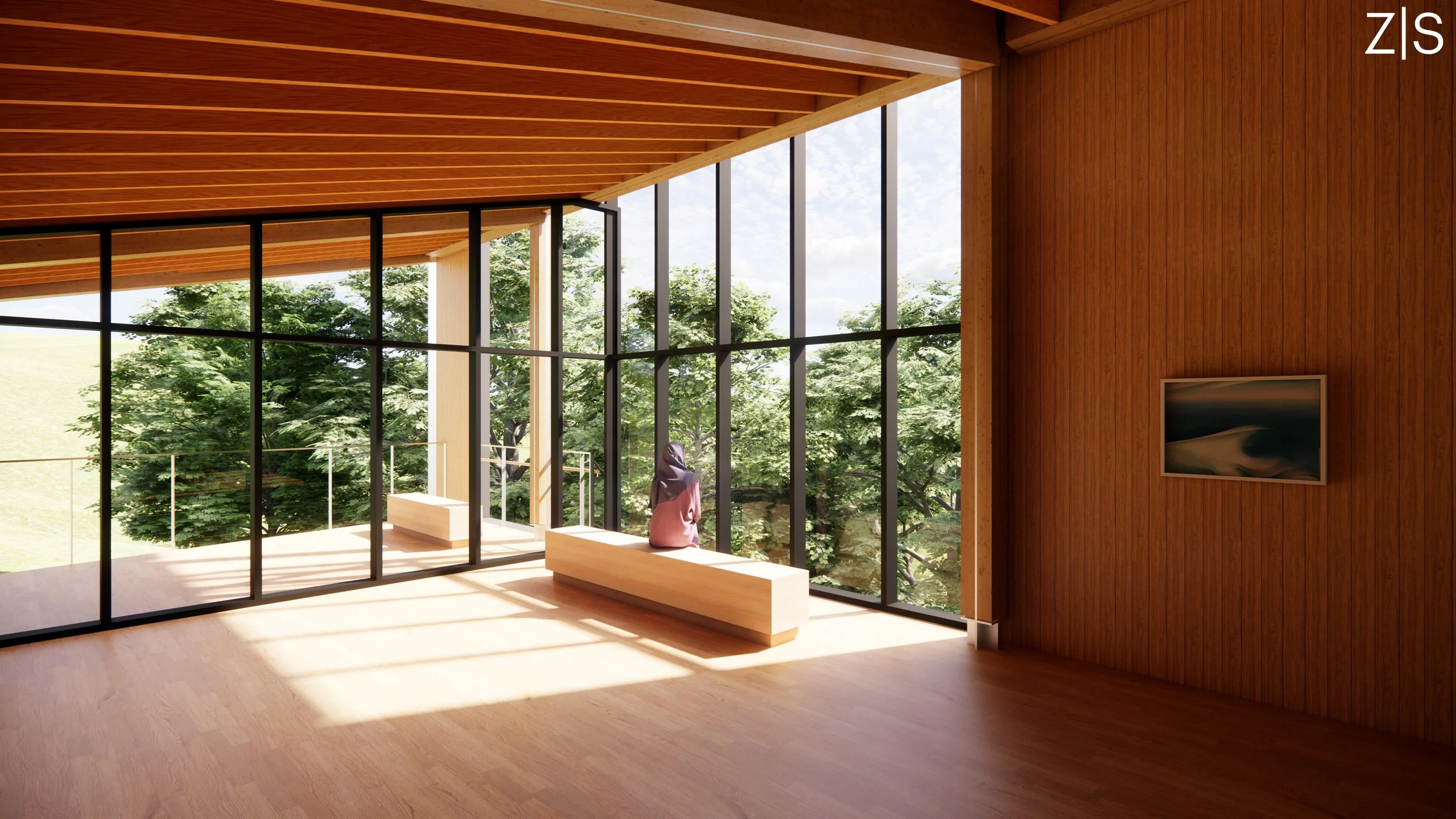 Interior of a modern wooden room with floor-to-ceiling windows overlooking green trees. There is a sculpture of a seated person on a wooden bench near the window, and a flat-screen TV mounted on a wooden-paneled wall.