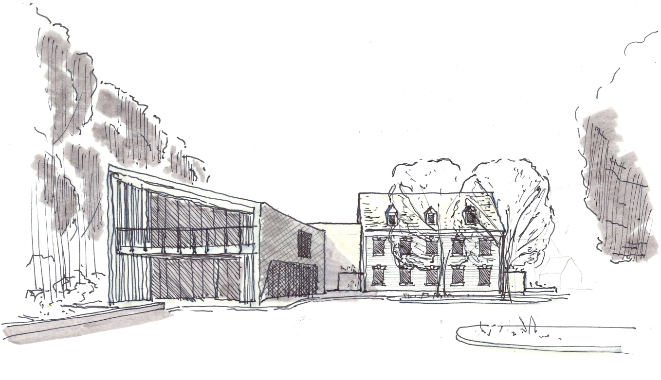 Sketch of a modern building with large windows and a sloped roof, set next to an older building with multiple windows, surrounded by trees.