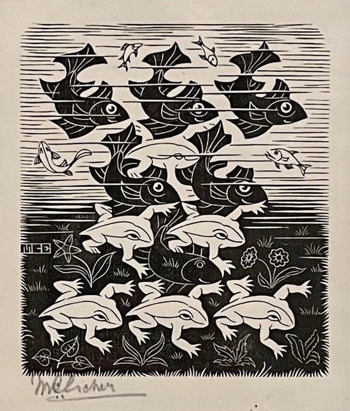 A black and white illustration of a fantasy scene featuring frogs, fish, and plants. The frogs are at the bottom, while the fish are at the top, with some in between. The image includes detailed foliage and a signature in the lower left corner.