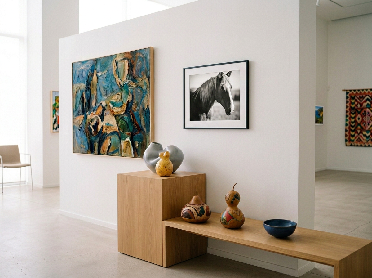 An art gallery with paintings and sculptures displayed on white walls and wooden surfaces.