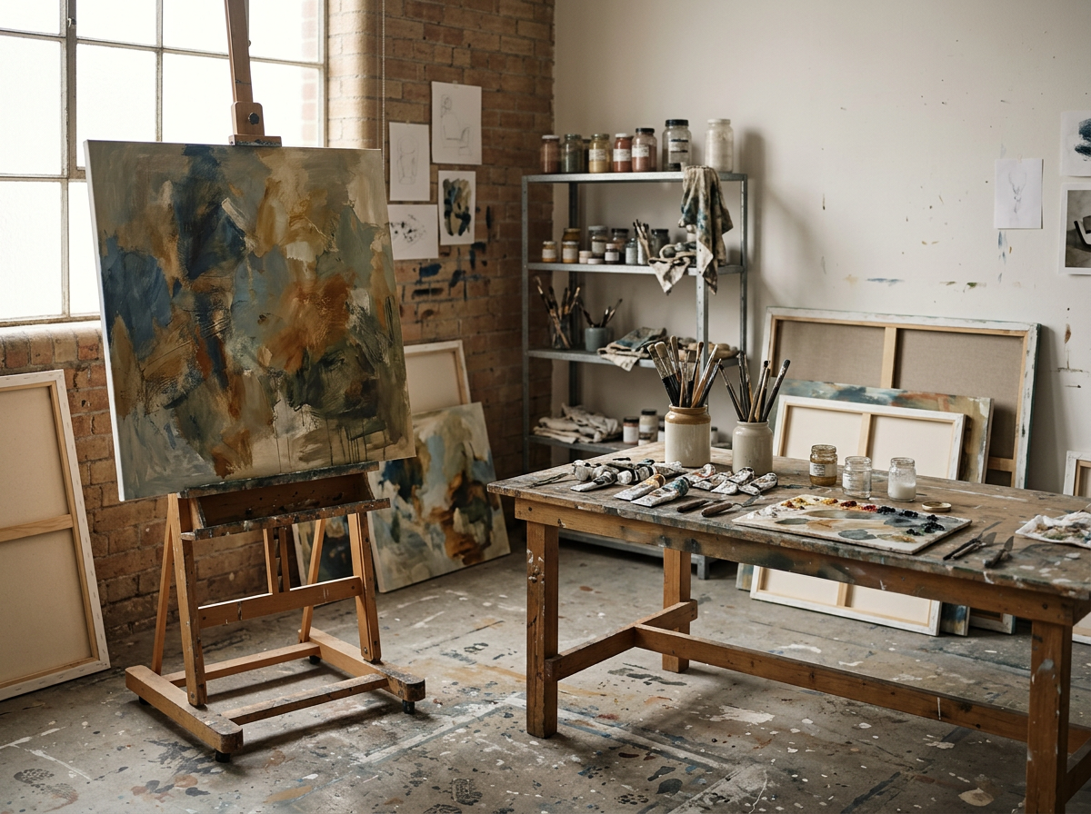 An art studio with an abstract painting on an easel, a wooden table with paint tubes and brushes, and shelves with jars of paint in a bright room with brick wall and large windows.