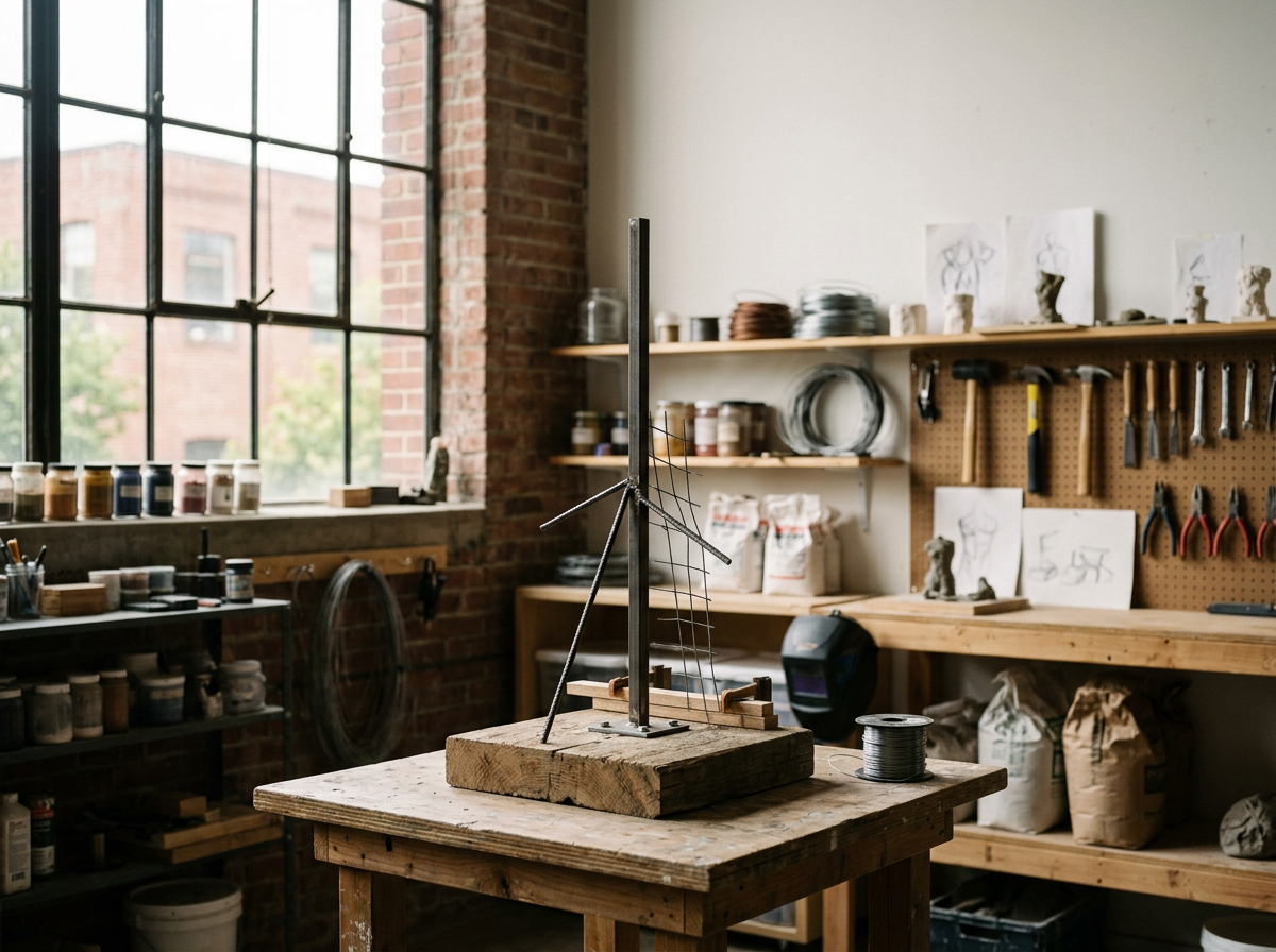 A handmade wire sculpture of a sailboat on a wooden workbench in an artist's studio, with shelves of art supplies and tools in the background.