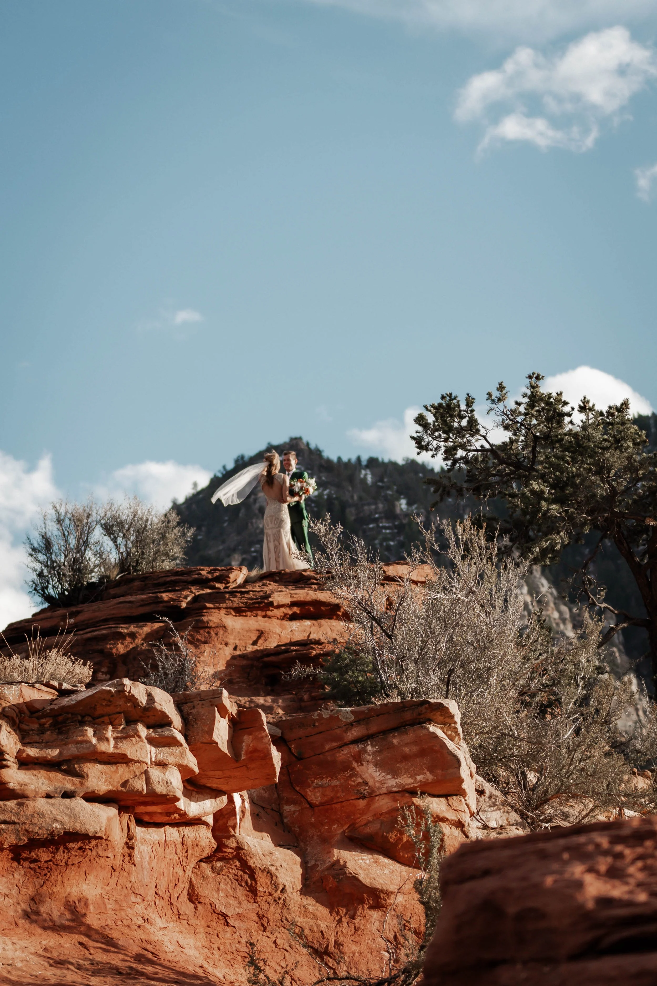 A bride and groom standing on a red rock formation in a desert landscape, holding hands and sharing a moment under a blue sky with a few clouds.