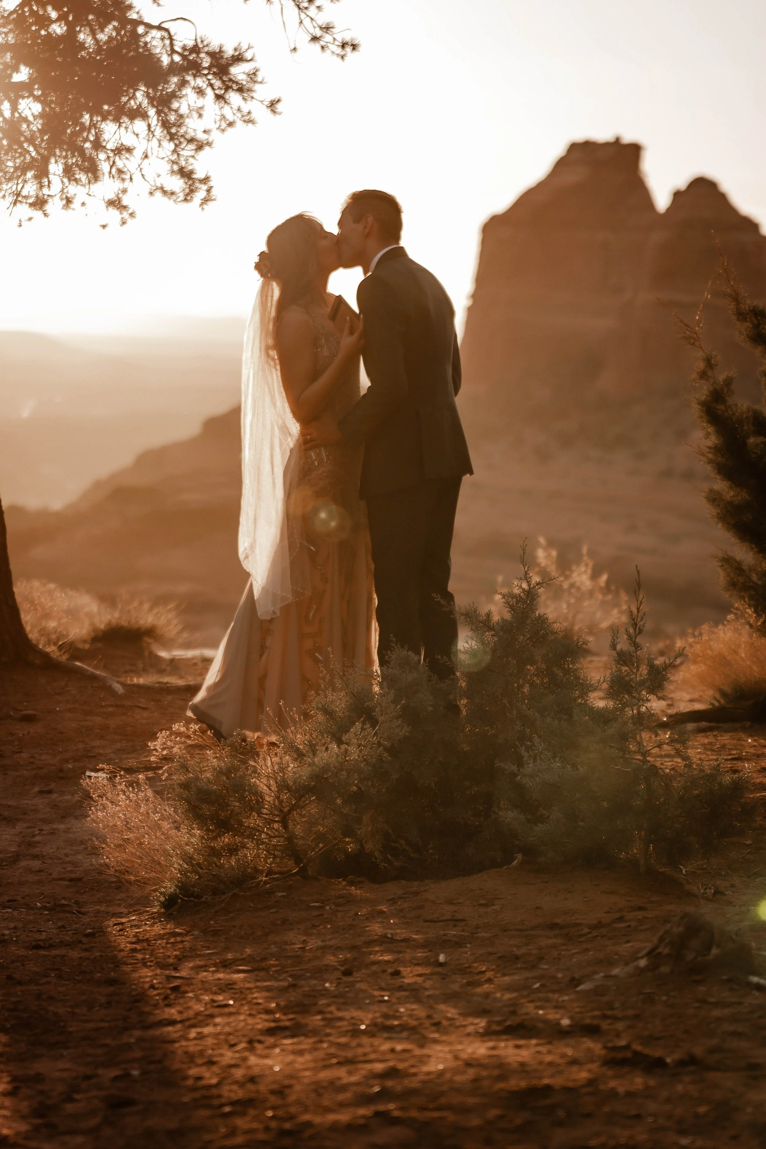 A bride and groom kissing in a desert at sunset, with a rocky formation in the background and trees framing the scene.