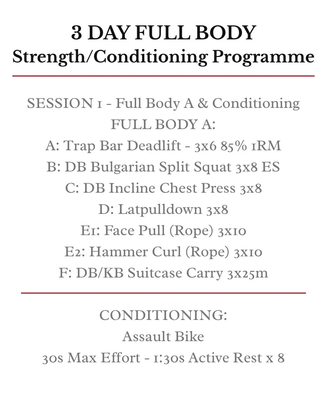 3 DAY STRENGTH &amp; CONDITIONING PROGRAMME 🎯

Throwing some programming into the mix.

A focus on base strength, hitting the fundamental movement patterns &amp; accessory exercises alongside your cardiovascular conditioning.

I&rsquo;d recommend ru