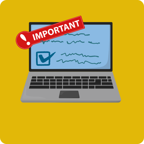 yellow background with a laptop and a red important sign across one corner of the laptop screen
