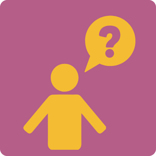 Yellow outline of person with a question mark in a speech bubble on a purple background