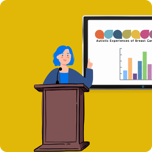 Yellow background with a cartoon of a person stood at a lectern giving a talk pointing at a presentation with the AEBC study logo and a bar chart