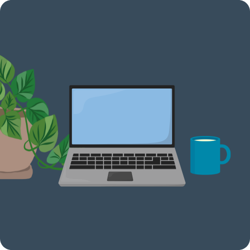 Dark blue background with a laptop and a plant to the right and mug to the left