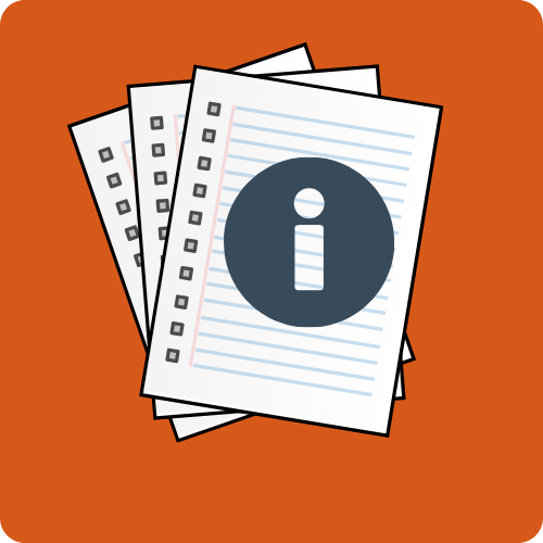 Sheets of paper with an icon of the letter in a black circle, all on an orange background