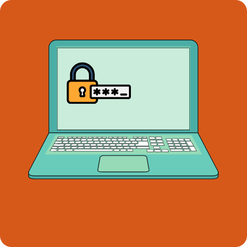 An orange background and a green laptop with a padlock and asterisks to show a code word is needed