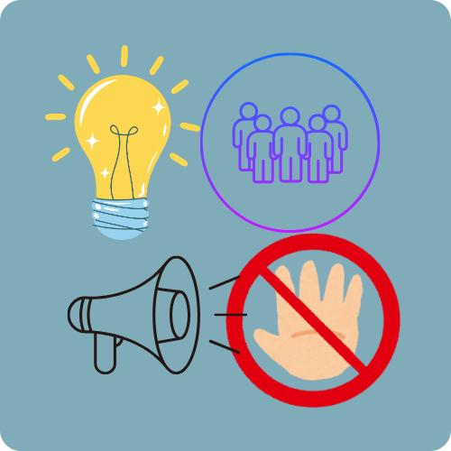 Blue background with a drawn image of a bright lightbulb, a megaphone, a group of people, and a hand in a warning sound to signify no touching