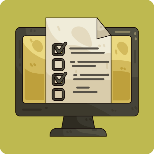 Green background with a laptop and a survey on the screen