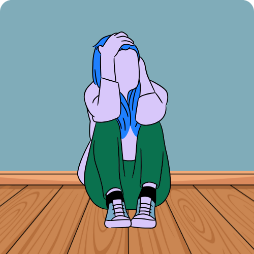 Cartoon of a faceless person sat on the floor with their elbows on their knees and hands on their head. The floor is wooden and the wall is blue