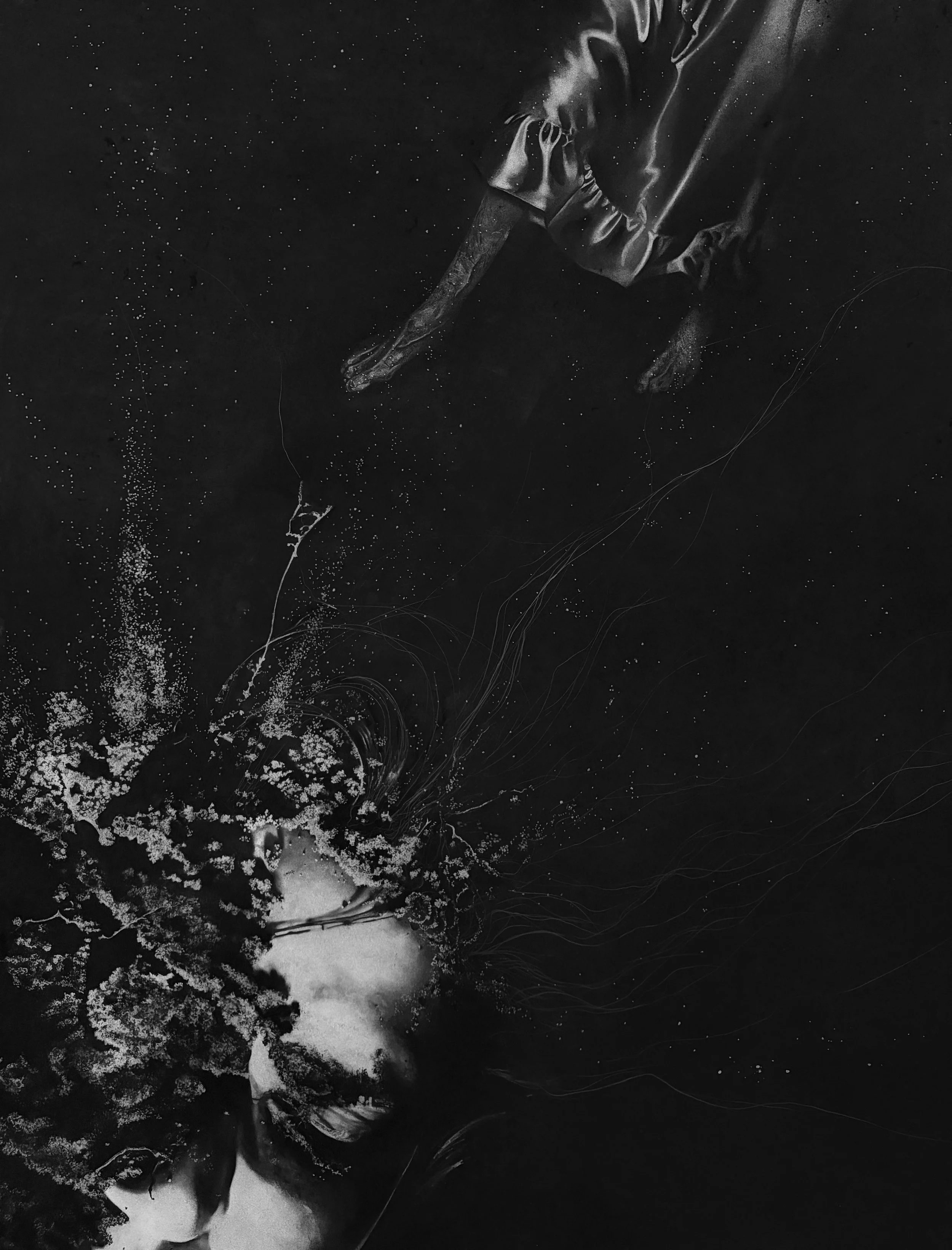 Un-earthing, 2025. Charcoal and graphite on paper. 3ft x 4ft. 
