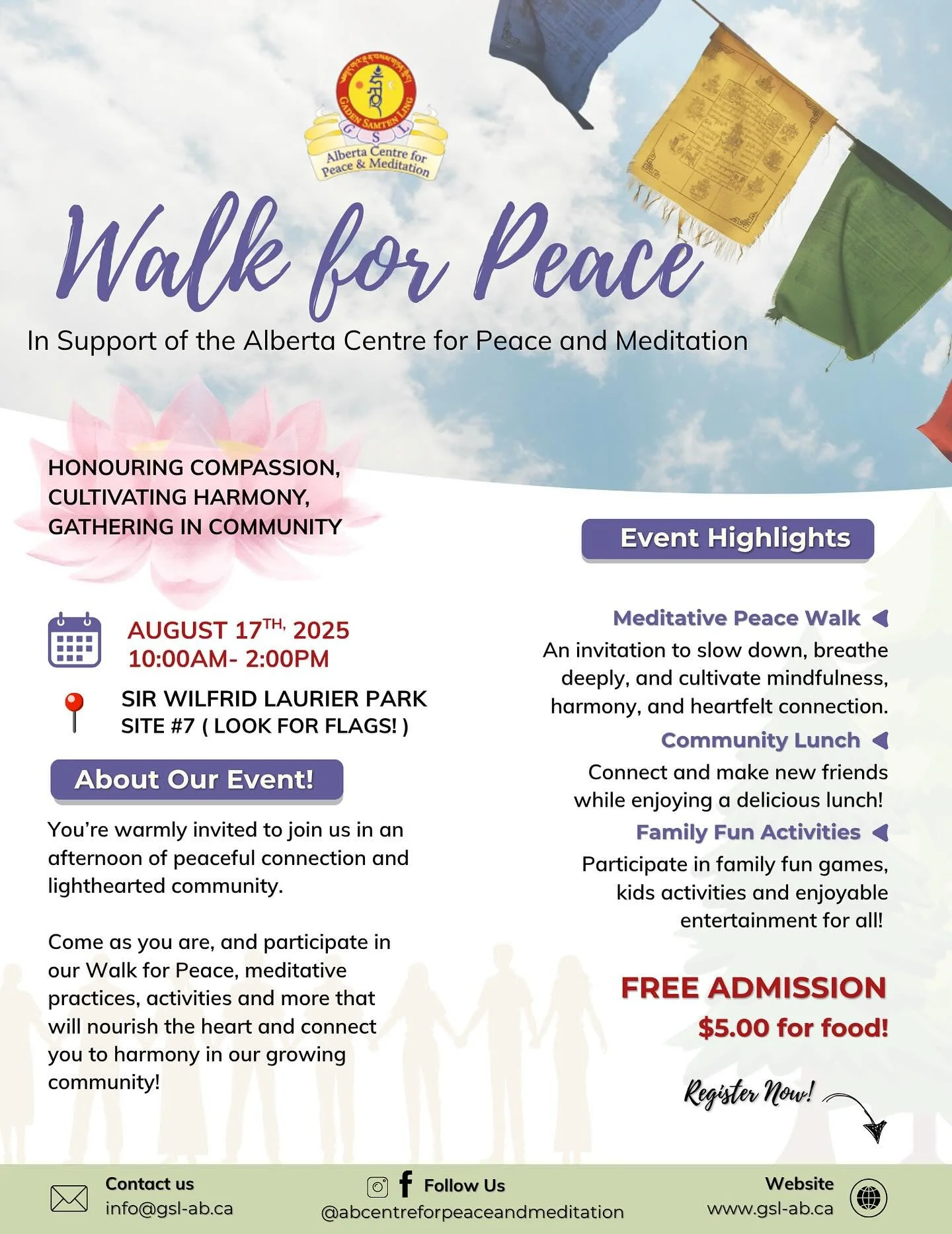 The Alberta Peace and Meditation Society is hosting a Walk for Peace and Picnic at Sir Wilfred Laurier Park on Sunday, August 17, 2025.
This will be a free, gentle and joyful day for all ages, including: 
&ndash; A meditative Peace Walk led by Tibeta