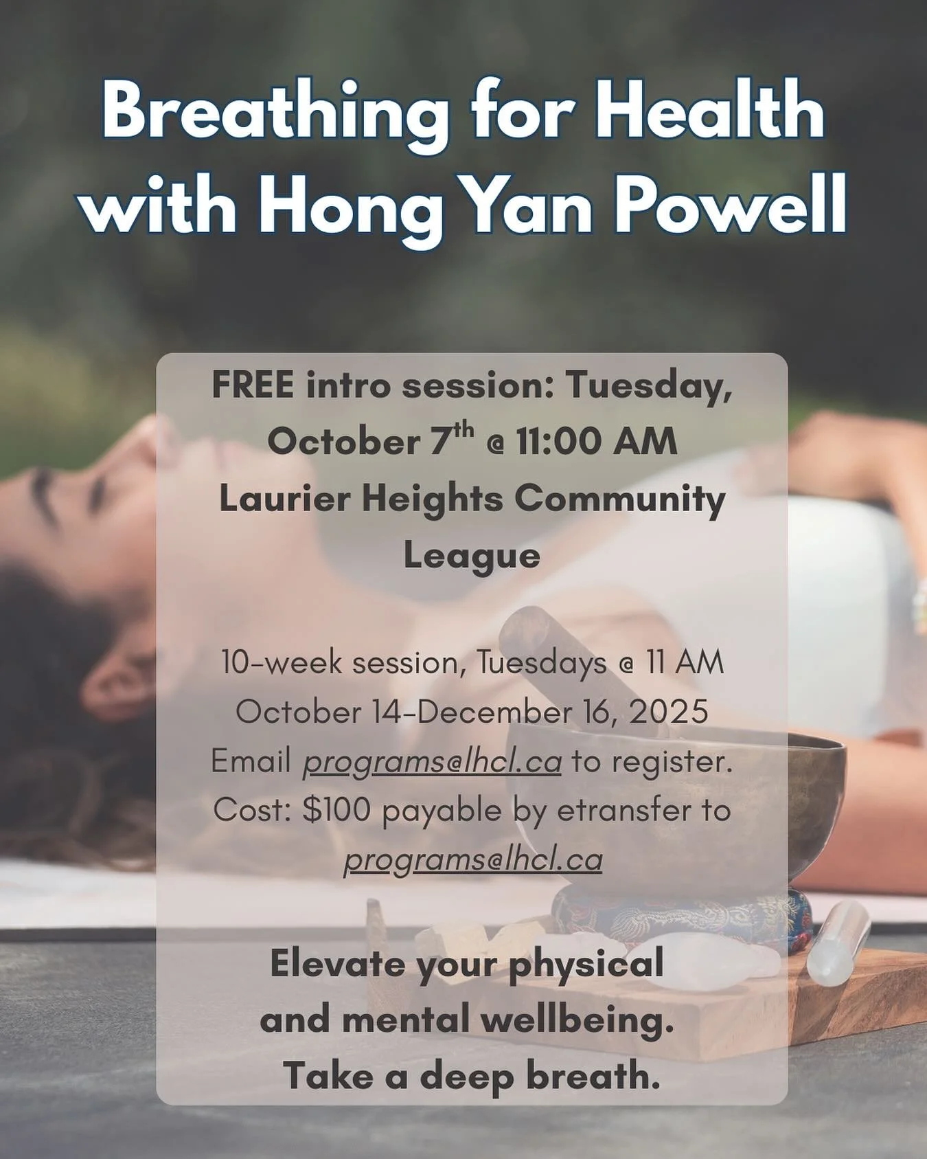 NEW PROGRAM alert ‼️ 

Starting on Tuesday at 11:00, join Hong Yan Powell for a Breathing for Health session. This free class will introduce the concepts and breathing techniques that can help with all kinds of mental and physical health and wellness
