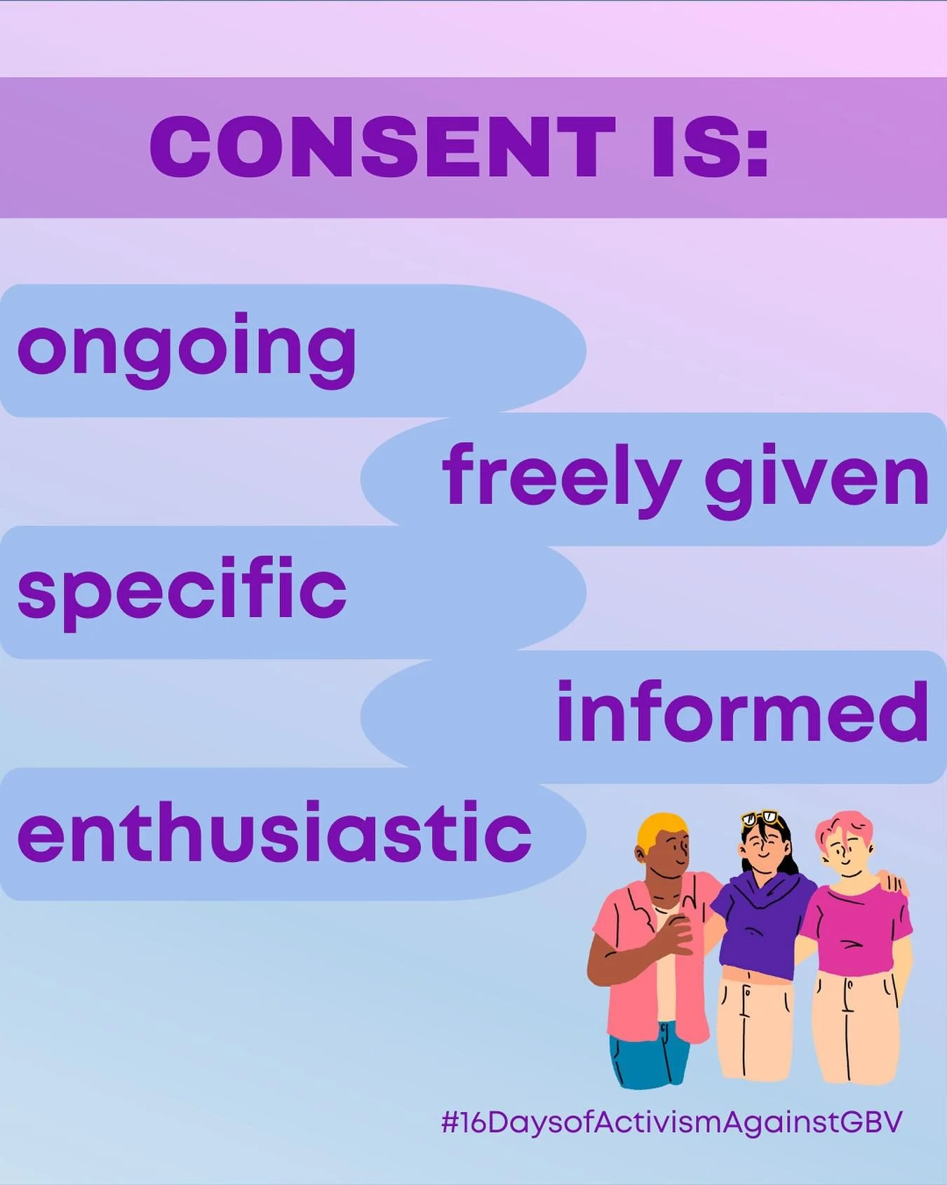 Consent is the cornerstone of healthy relationships and respectful interactions, it must be:
✔️Ongoing: Anyone can change their mind about what they&rsquo;re interested in doing, anytime.
✔️Freely given: Saying &lsquo;yes&rsquo; without pressure or m