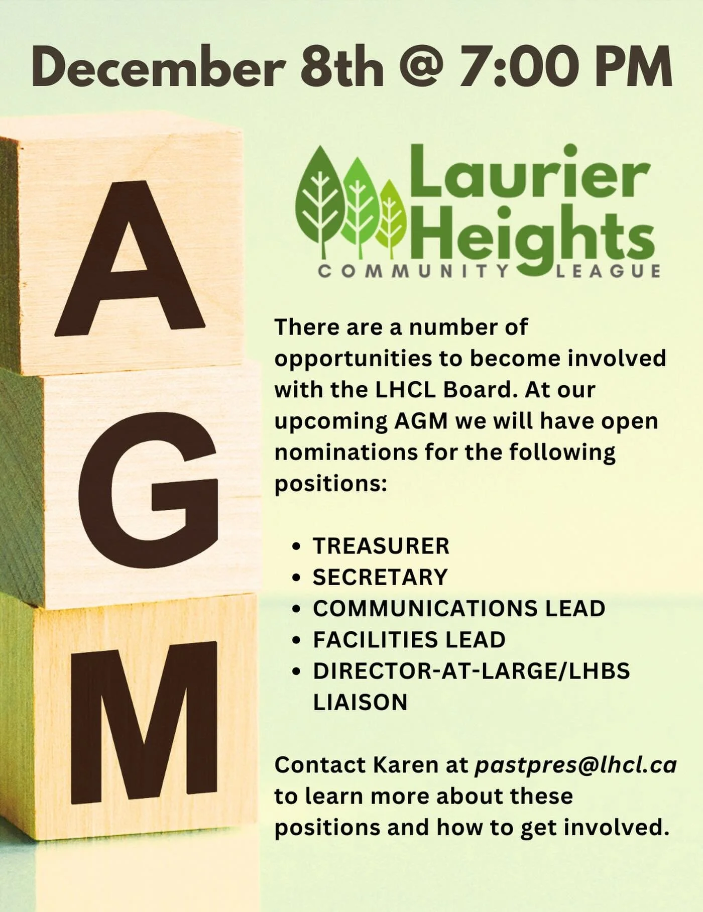 The LHCL Annual General Meeting is on  Monday, December 8th from 7-8 PM at the community hall. 

All are welcome, and there are positions up for nomination/election on the board. 

Please contact Karen at pastpres@lhcl.ca for info on these positions 