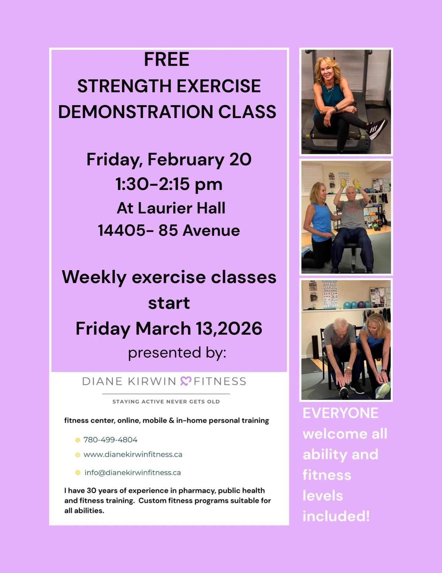 Join Diane Kirwin on Friday, February 20th for a free strength exercise demonstration class at the community league! Everyone and all fitness levels are welcome to attend 💪🏽 

#laurierheights #laurierheightsyeg #lhclYeg #yegcommunity