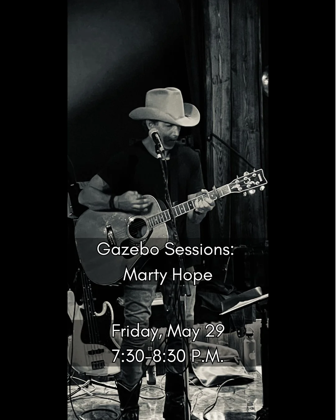Please note the UPDATED DATE for this week's Gazebo Session featuring Marty Hope is Friday, May 29.

Armed with an acoustic guitar and harmonica rack, Marty Hope brings decades of music history to life. His versatile live sets bridge the gap between 