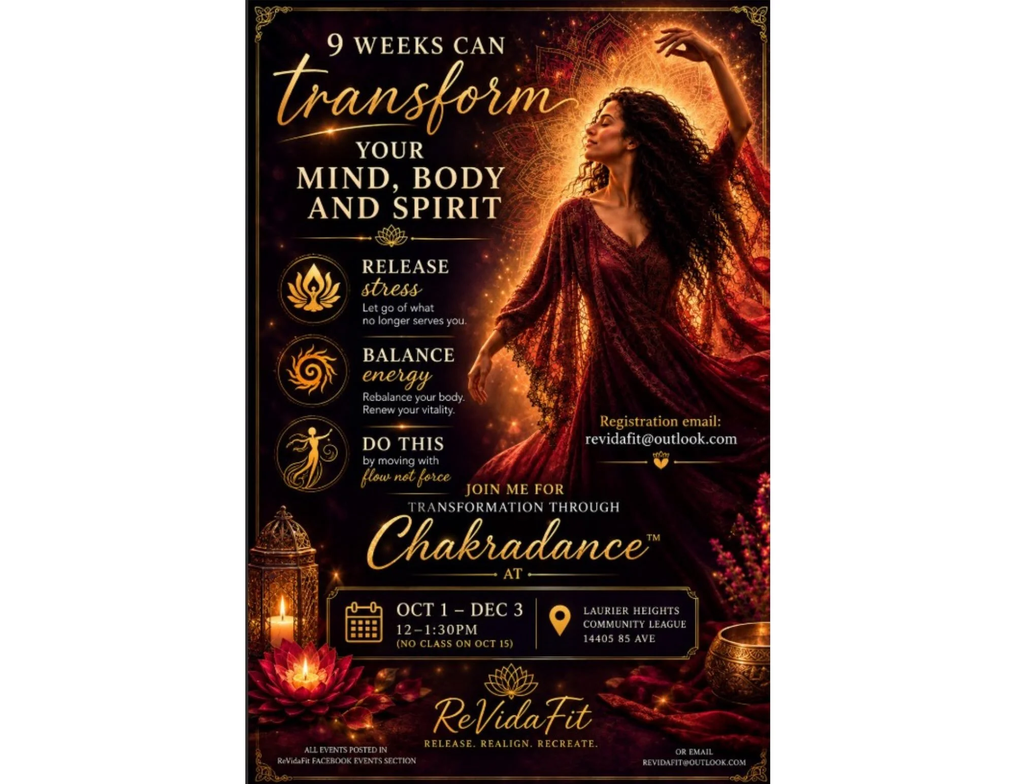 Looking for a way to find balance this fall? Check out this 9 week Chakradance&trade; series at the community hall starting on October 1. 

Registration email:
revidafit@outlook.com