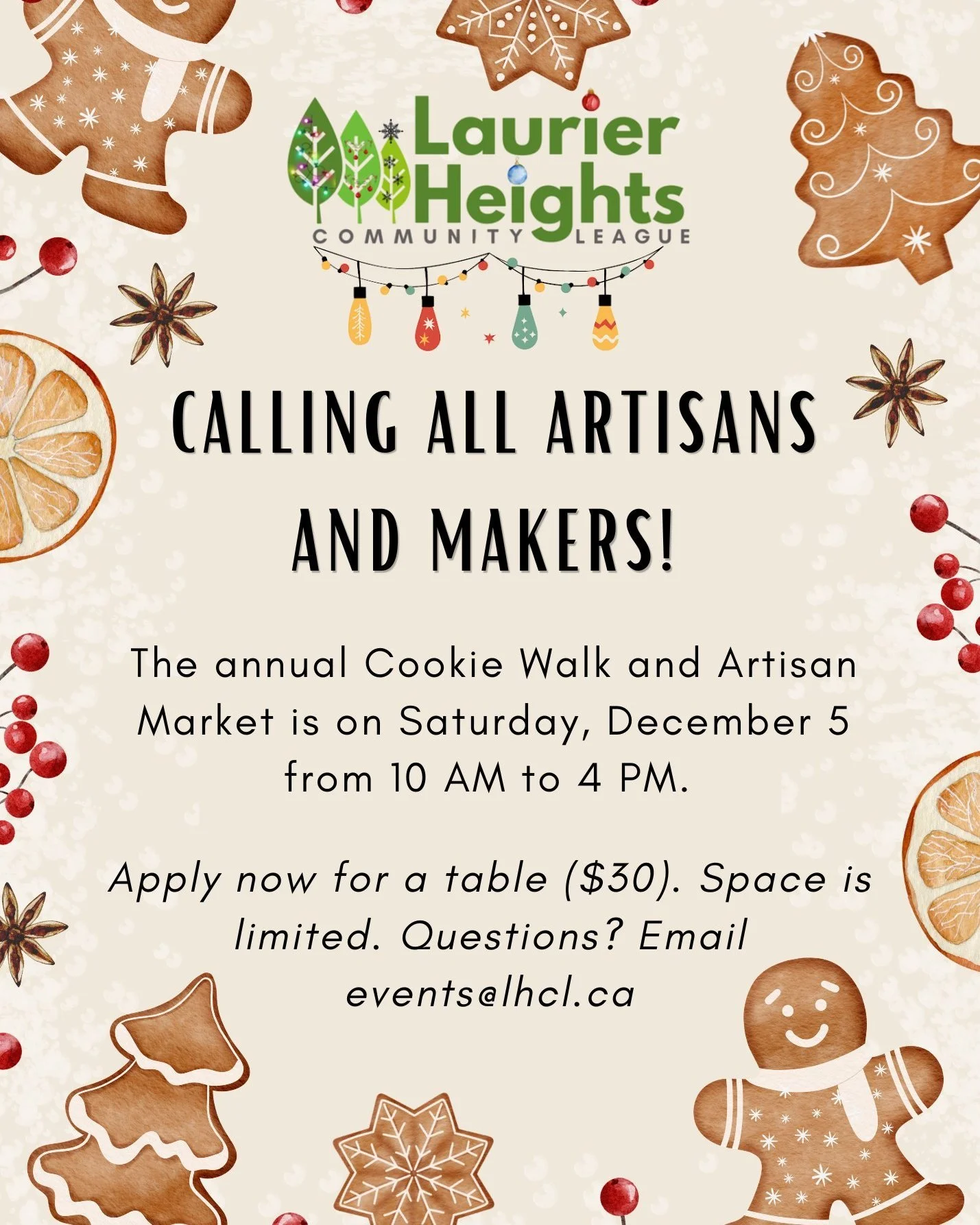 Our annual Cookie Walk &amp; Artisan Market is on Saturday, December 5 this year and applications for artisans and makers are now open!

 ❄️🎁🎄☃

 Tables are $30 and space is limited. Apply now at the link in our bio! 

#yeg #laurierheights #artisan