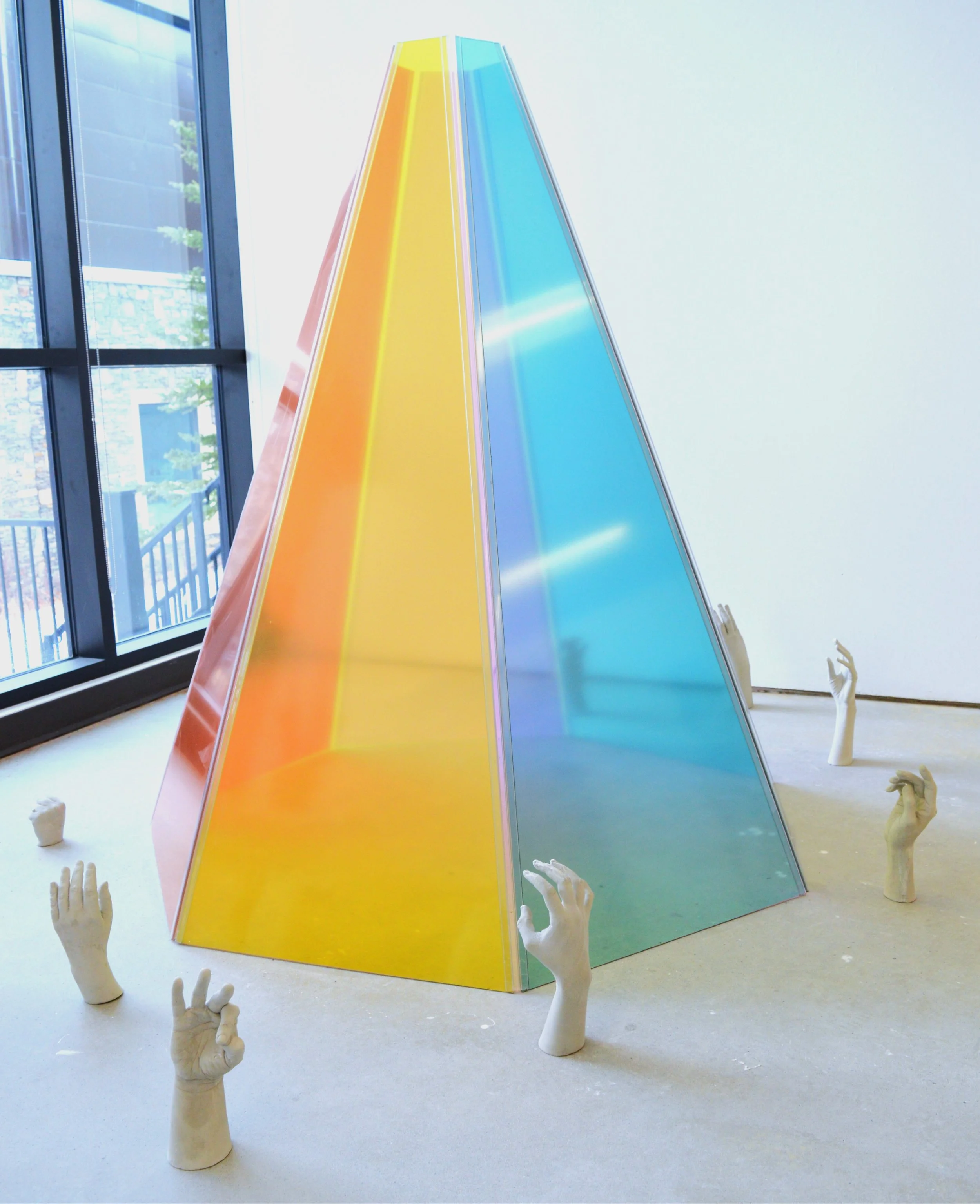 sipikiskisiwin, acrylic, ultracal, March 2025, 4’x6’ - each hand approximately 1’x1’