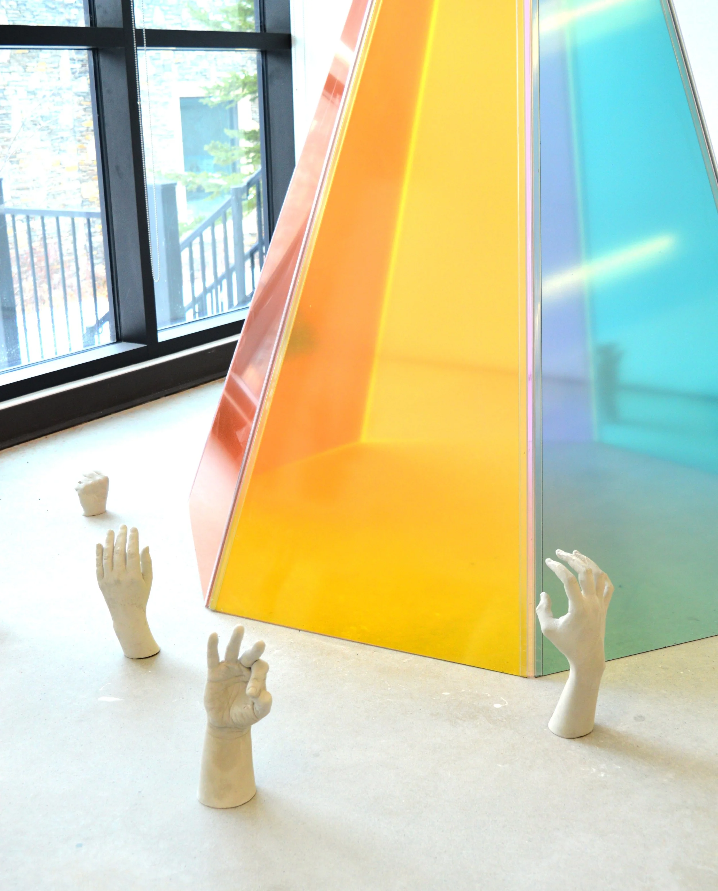 sipikiskisiwin, acrylic, ultracal, March 2025, 4’x6’ - each hand approximately 1’x1’