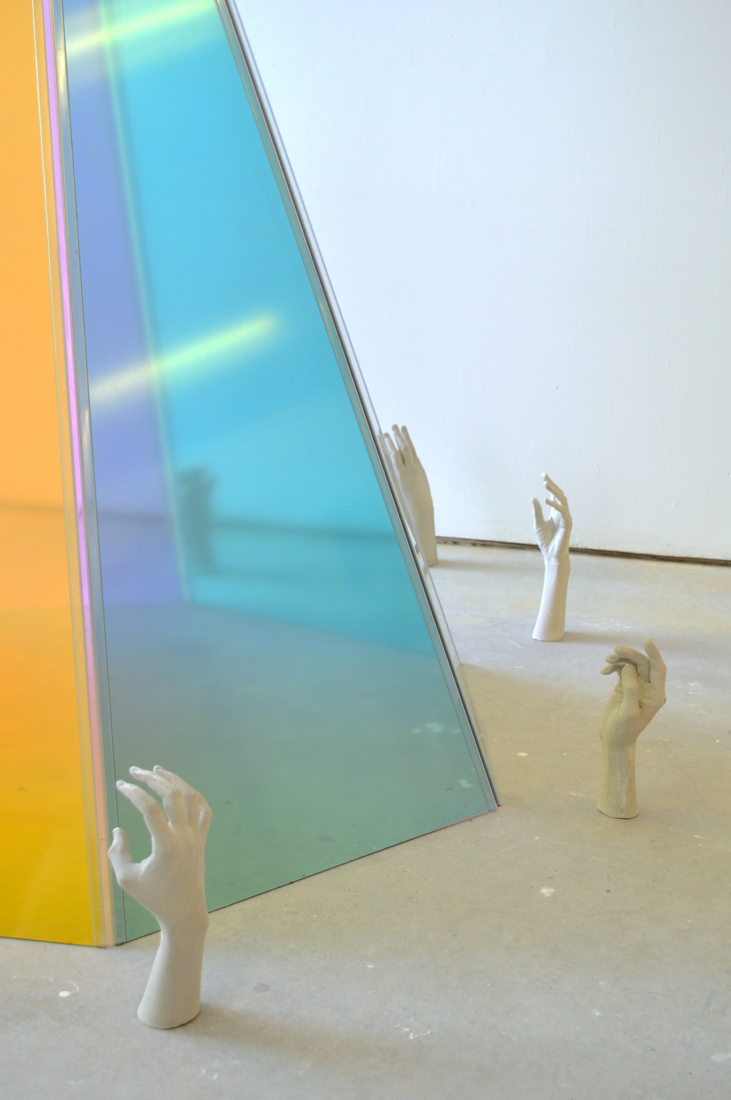 sipikiskisiwin, acrylic, ultracal, March 2025, 4’x6’ - each hand approximately 1’x1’