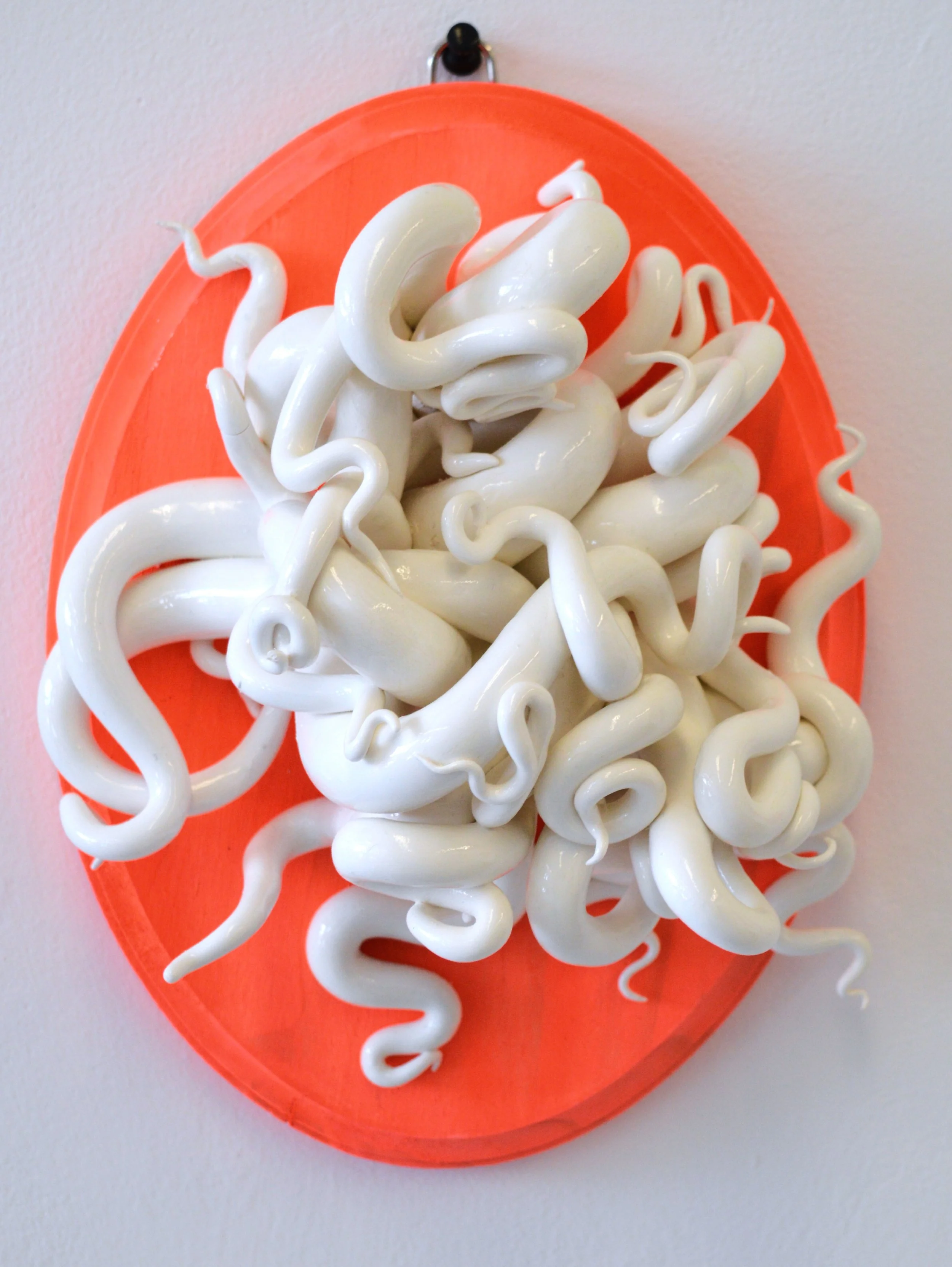 Aesthetic Discomfort, model magic, spray paint, acrylic paint, basswood, high gloss sealant, March 2025, 7”x5”