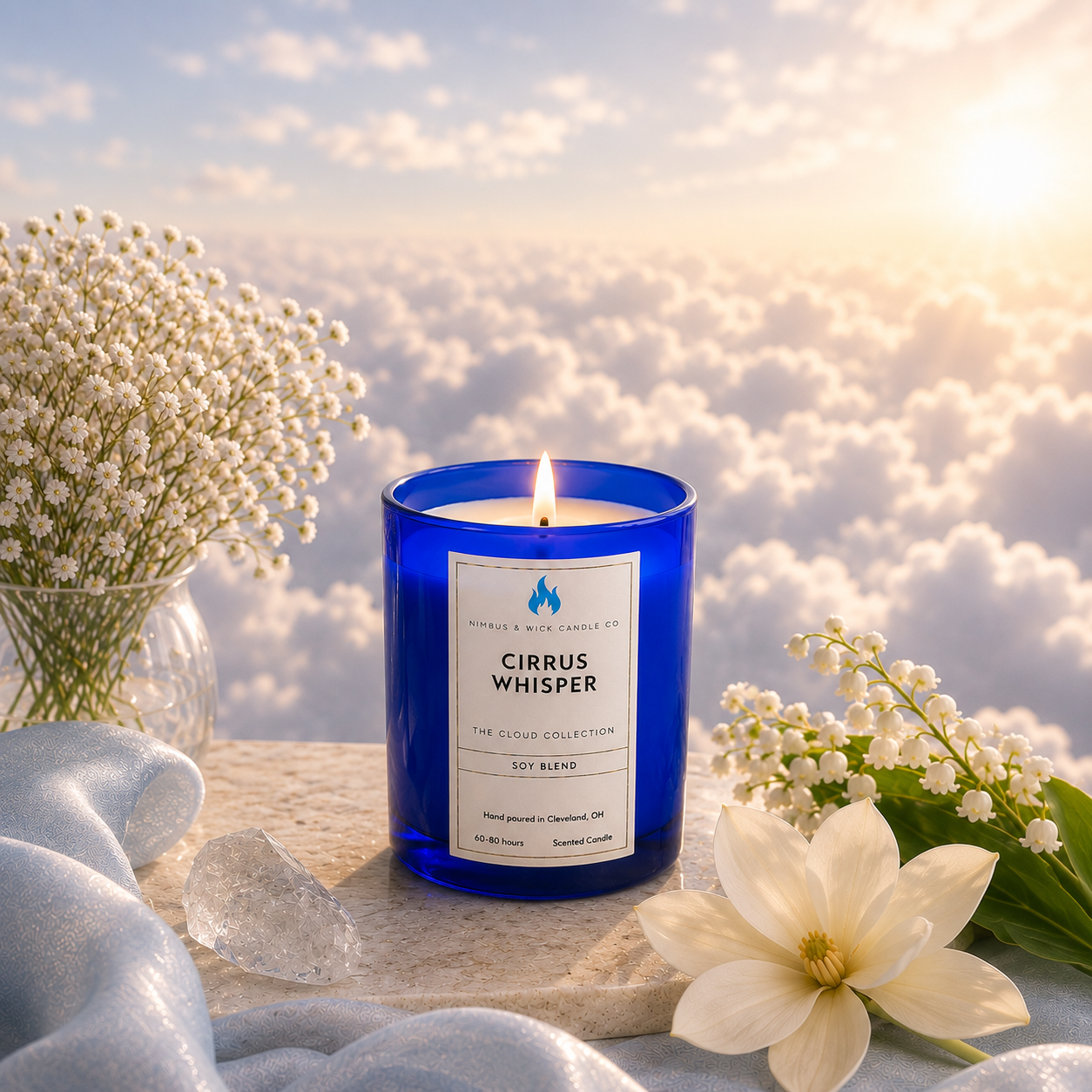 Cirrus Whisper luxury soy candle by Nimbus & Wick Candle Co. featuring white tea, aloe, vanilla flower, and sandalwood fragrance notes.