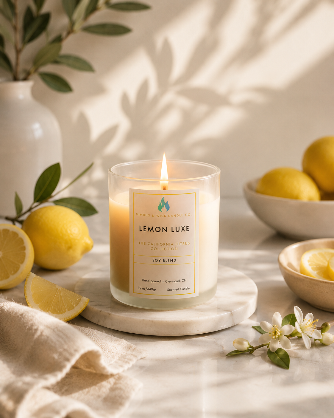Lemon Luxe scented soy candle with fresh lemon, lilac, geranium, mint, pine needles, redwood, and musk fragrance notes.