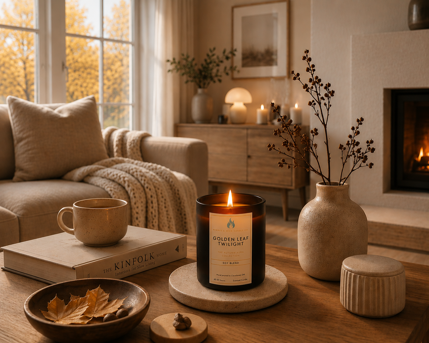 Golden Leaf Twilight fall candle with crisp apple, maple, cinnamon, clove, vanilla bean, and golden amber fragrance notes.