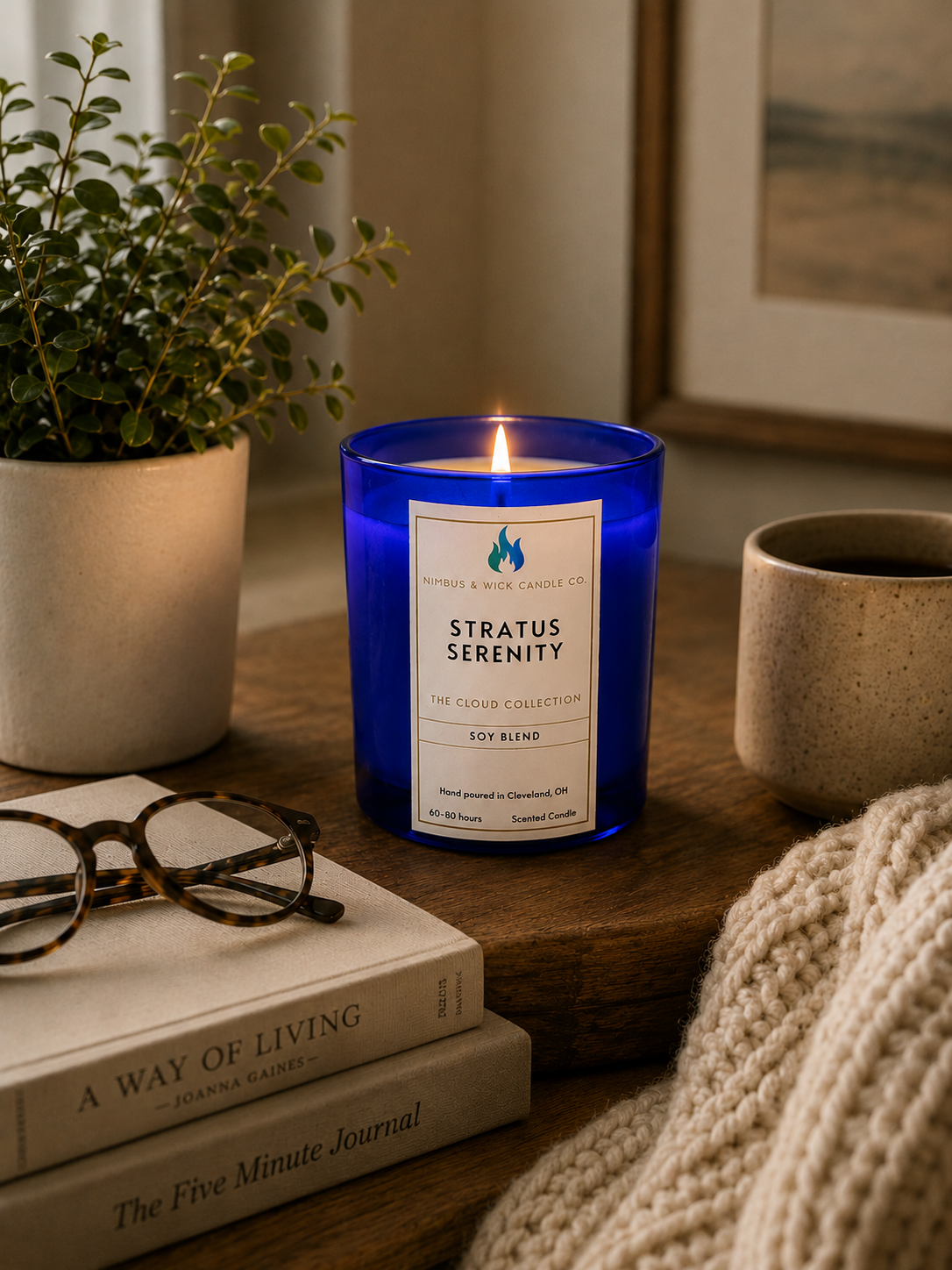 Stratus Serenity premium soy candle with warm woods, spices, and calming fragrance notes from Nimbus & Wick Candle Co.