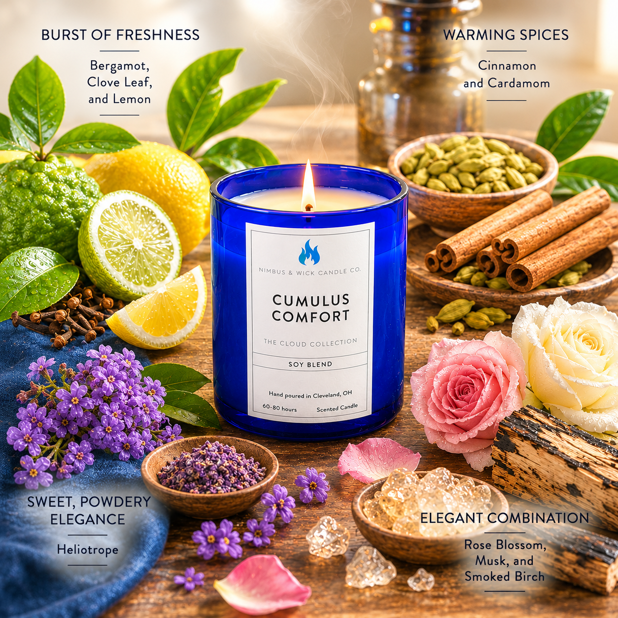 Cumulus Comfort luxury scented soy candle featuring bergamot, cinnamon, cardamom, smoked woods, and musk fragrance notes.