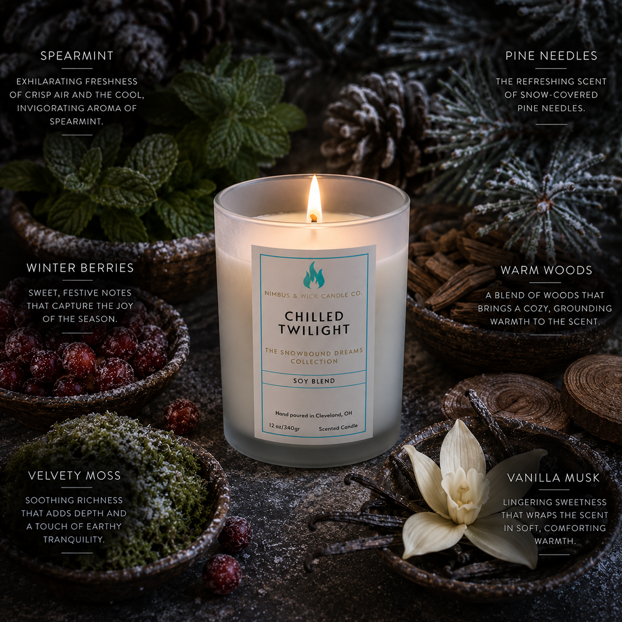 Chilled Twilight luxury scented candle featuring fresh air, spearmint, pine needles, winter berries, moss, and vanilla musk.
