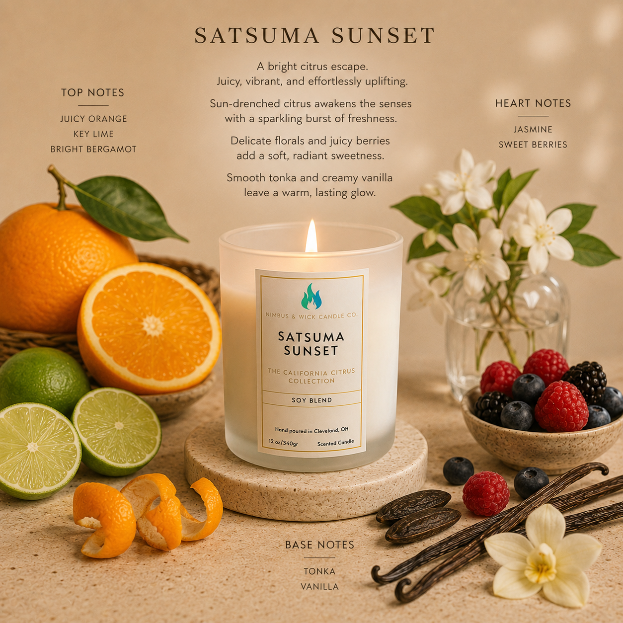 Satsuma Sunset citrus soy candle featuring mandarin, grapefruit, bergamot, jasmine, berries, vanilla, and tonka fragrance notes.
