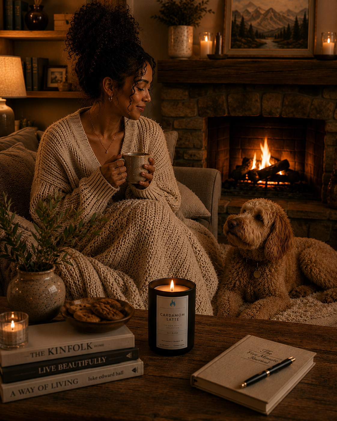 Cardamom Latte scented soy candle with cinnamon, black cardamom, ginger, cream, tonka bean, and chestnut fragrance notes.