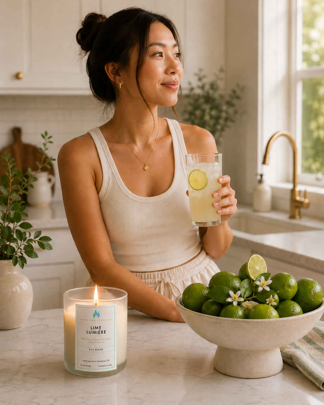 Lime Lumière luxury citrus candle featuring lime, bergamot, orange zest, rose petals, and musk fragrance notes.