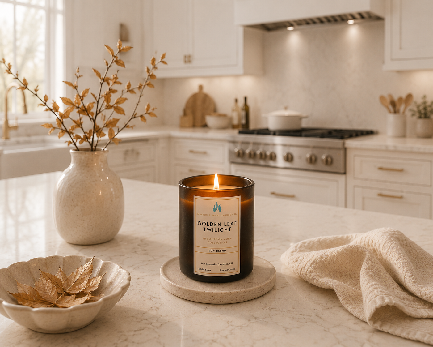 Golden Leaf Twilight fall candle with crisp apple, maple, cinnamon, clove, vanilla bean, and golden amber fragrance notes.
